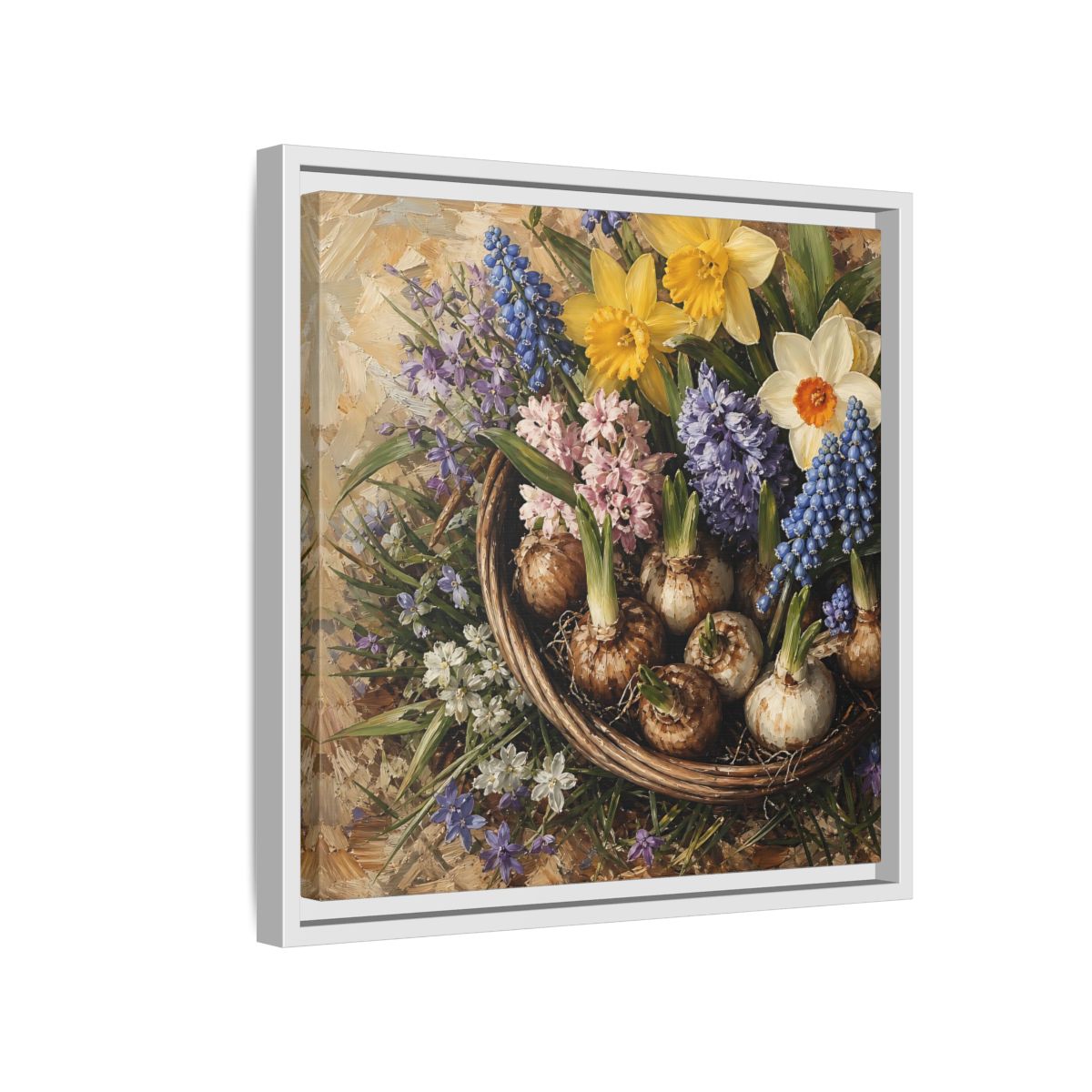 Side Mockup 13. Muted Tonal Painting Spring Bulbs In Shallow Basket shown as stretched canvas wall art