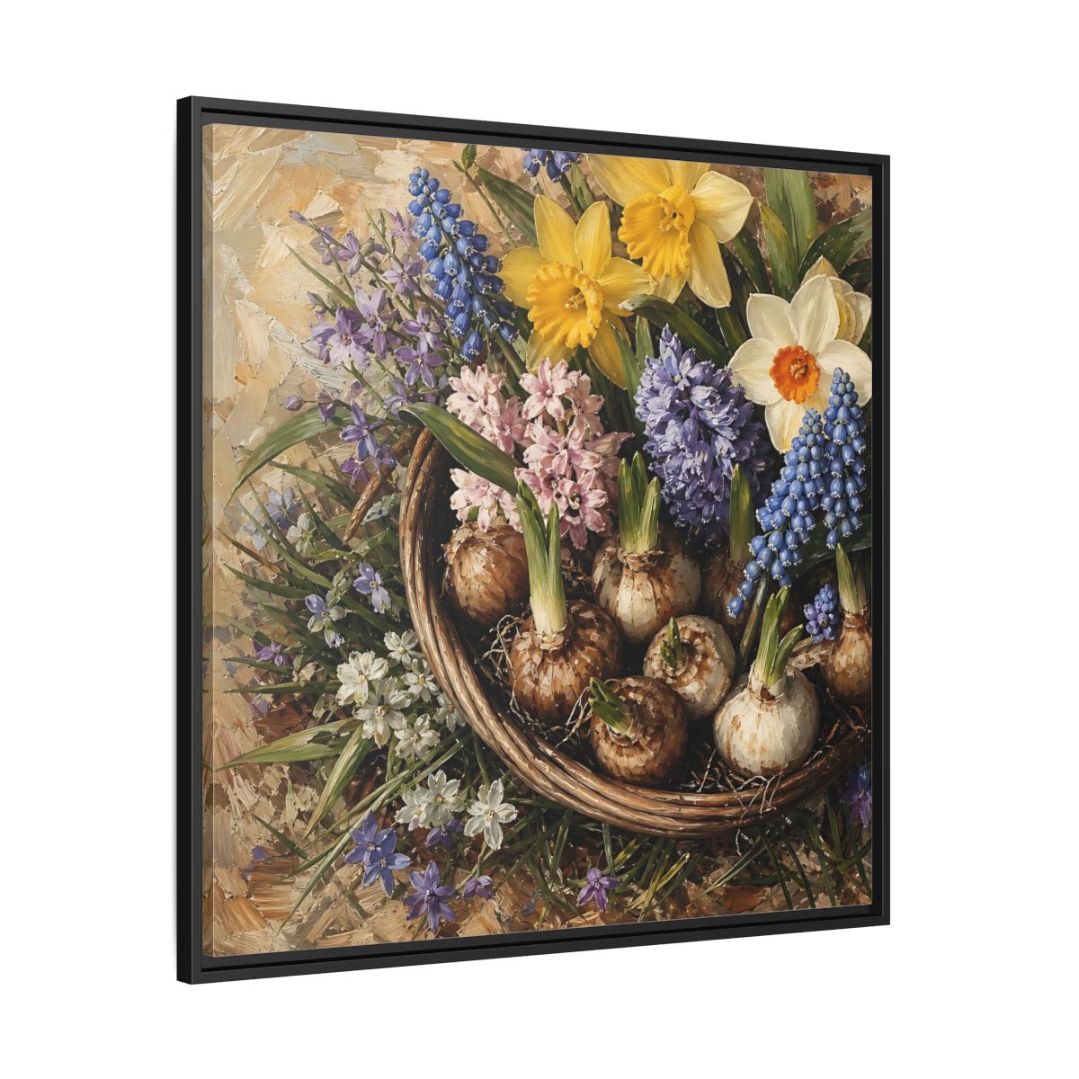 Side Mockup 30. Muted Tonal Painting Spring Bulbs In Shallow Basket shown as stretched canvas wall art