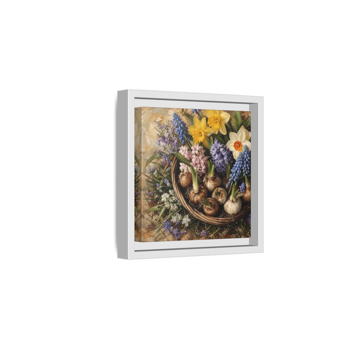 Side Mockup 1. Muted Tonal Painting Spring Bulbs In Shallow Basket shown as stretched canvas wall art