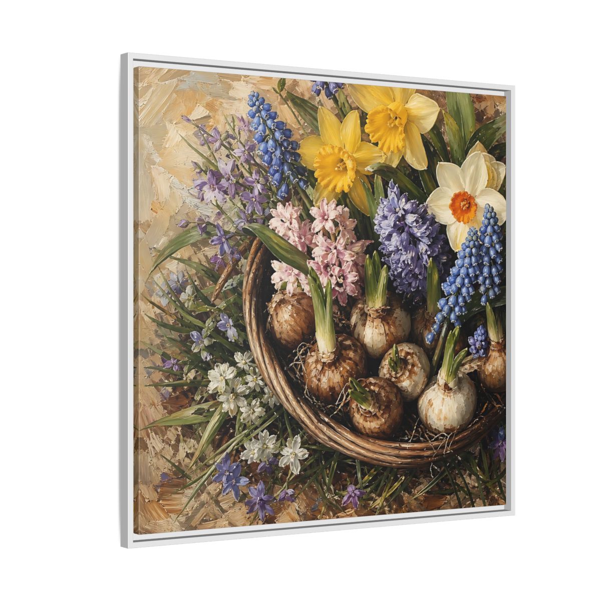 Side Mockup 4. Muted Tonal Painting Spring Bulbs In Shallow Basket shown as stretched canvas wall art