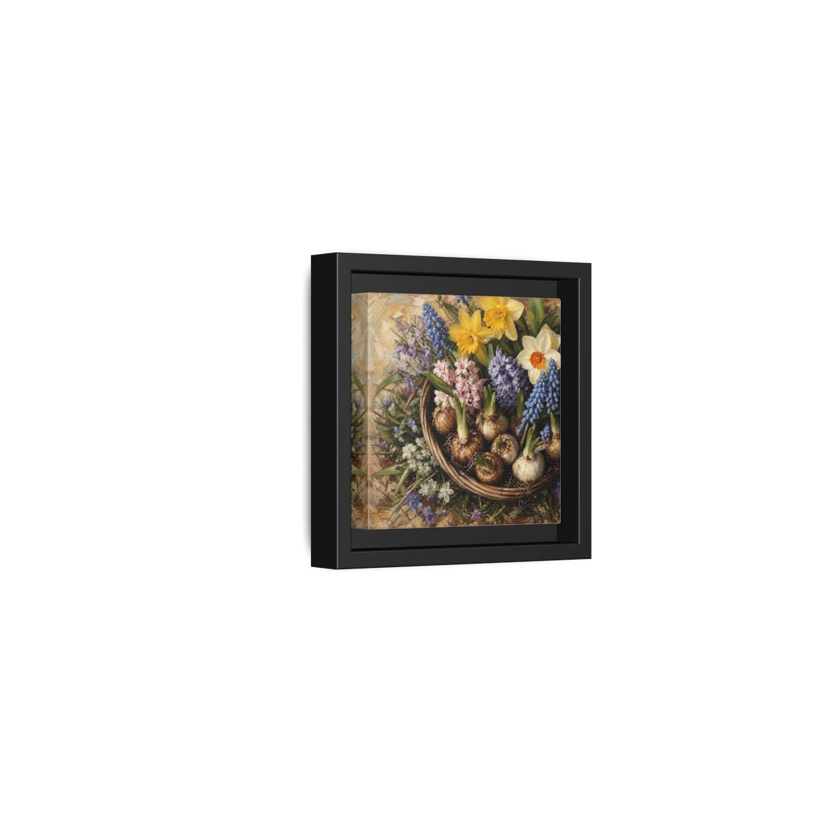 Side Mockup 24. Muted Tonal Painting Spring Bulbs In Shallow Basket shown as stretched canvas wall art