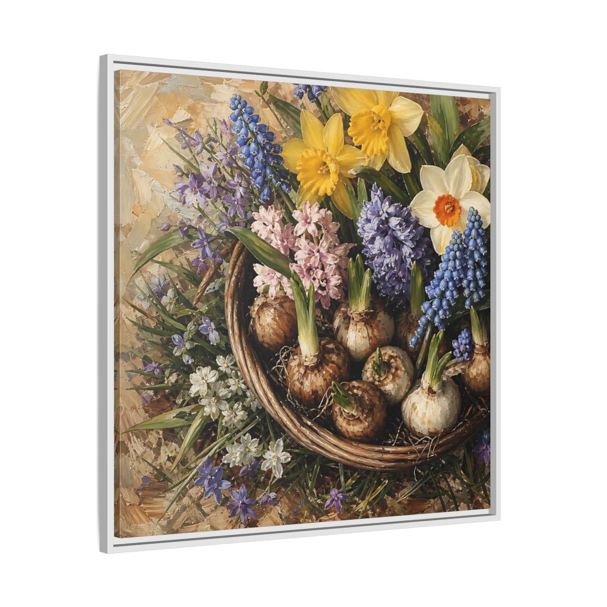 Side Mockup 25. Muted Tonal Painting Spring Bulbs In Shallow Basket shown as stretched canvas wall art