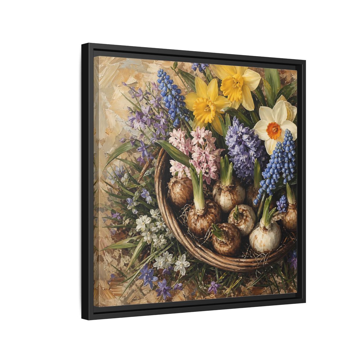 Side Mockup 12. Muted Tonal Painting Spring Bulbs In Shallow Basket shown as stretched canvas wall art