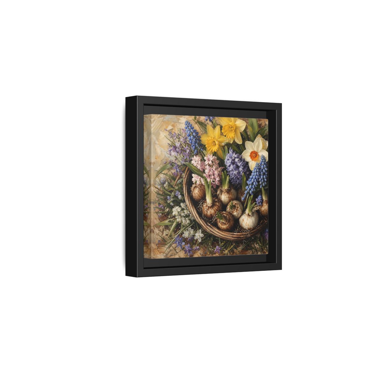 Side Mockup 3. Muted Tonal Painting Spring Bulbs In Shallow Basket shown as stretched canvas wall art