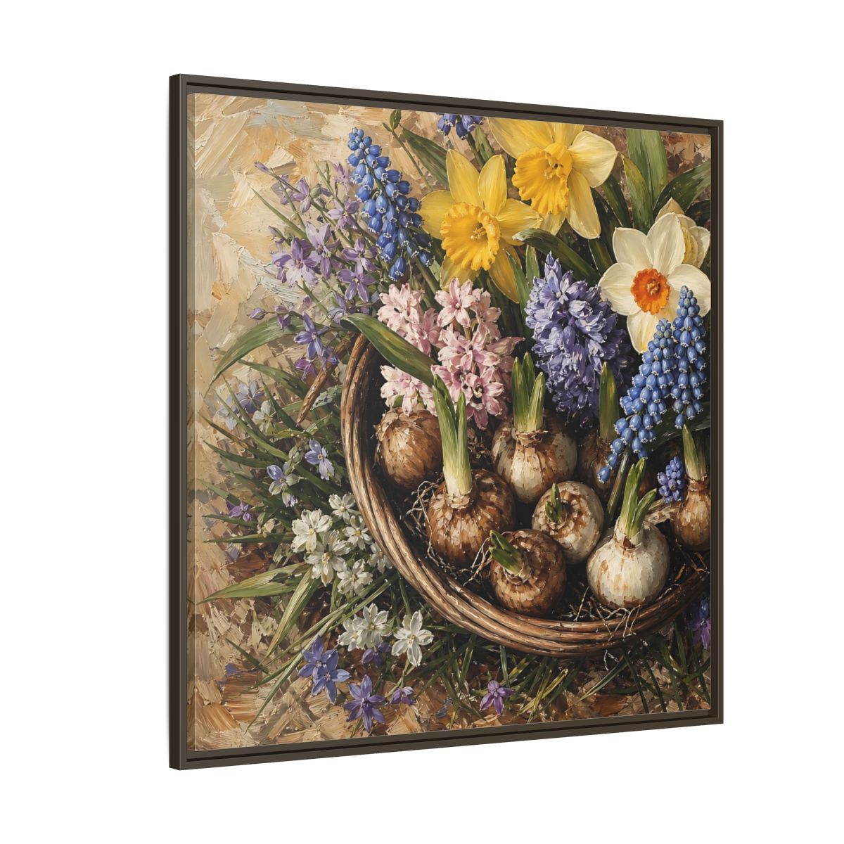 Side Mockup 5. Muted Tonal Painting Spring Bulbs In Shallow Basket shown as stretched canvas wall art