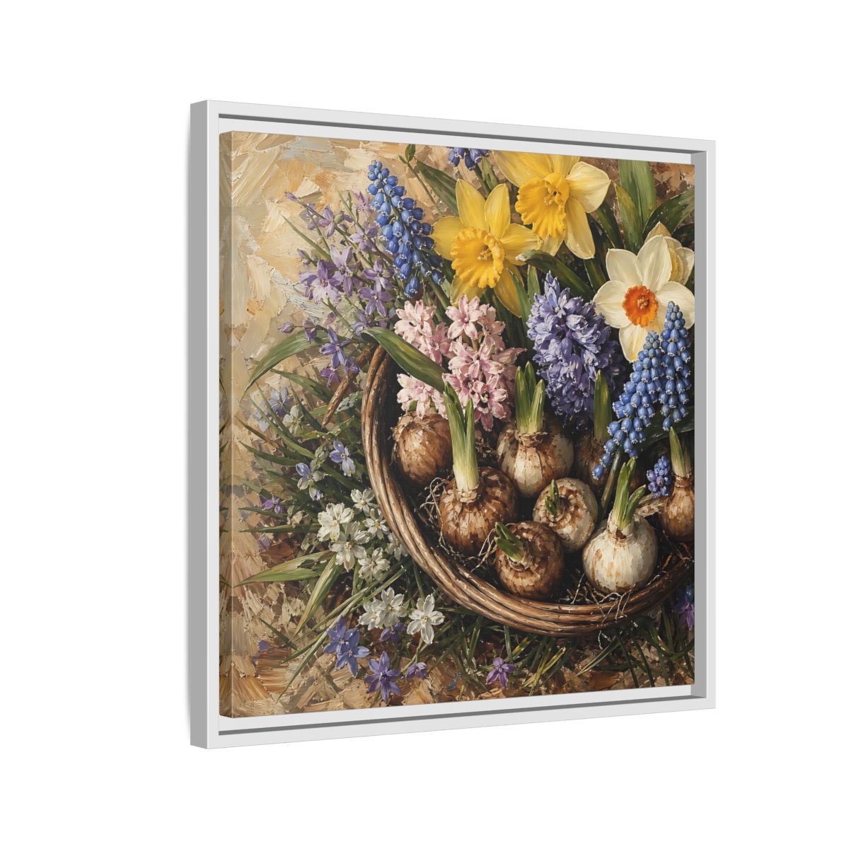 Side Mockup 10. Muted Tonal Painting Spring Bulbs In Shallow Basket shown as stretched canvas wall art