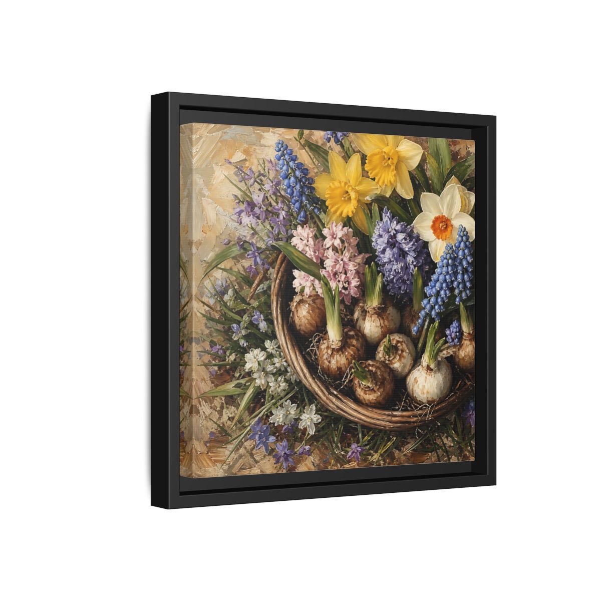 Side Mockup 18. Muted Tonal Painting Spring Bulbs In Shallow Basket shown as stretched canvas wall art