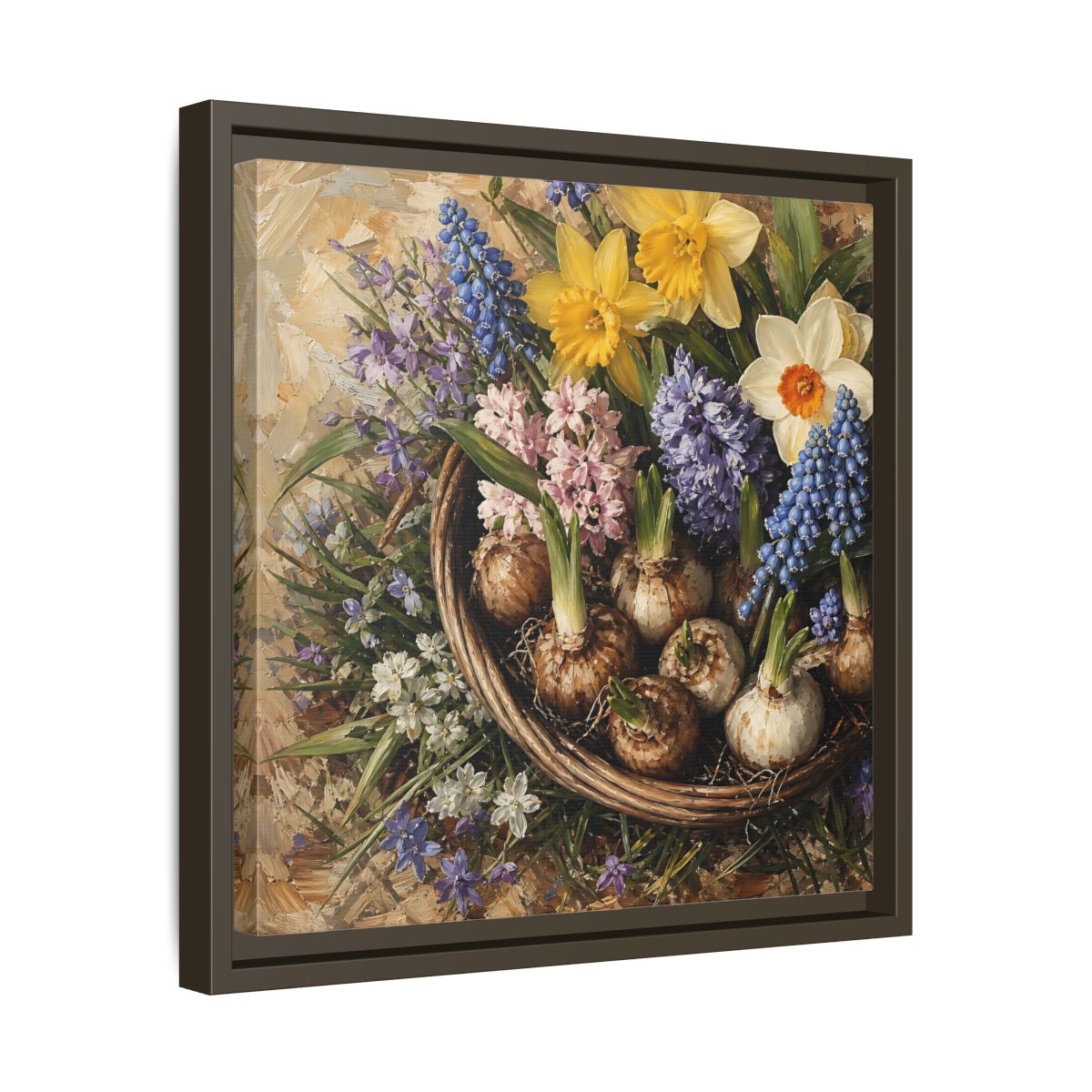 Side Mockup 29. Muted Tonal Painting Spring Bulbs In Shallow Basket shown as stretched canvas wall art