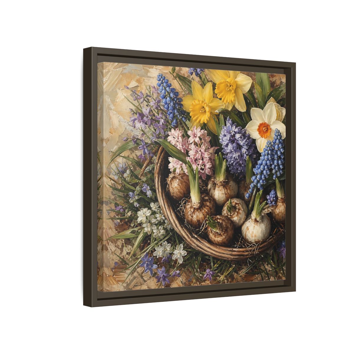 Side Mockup 14. Muted Tonal Painting Spring Bulbs In Shallow Basket shown as stretched canvas wall art