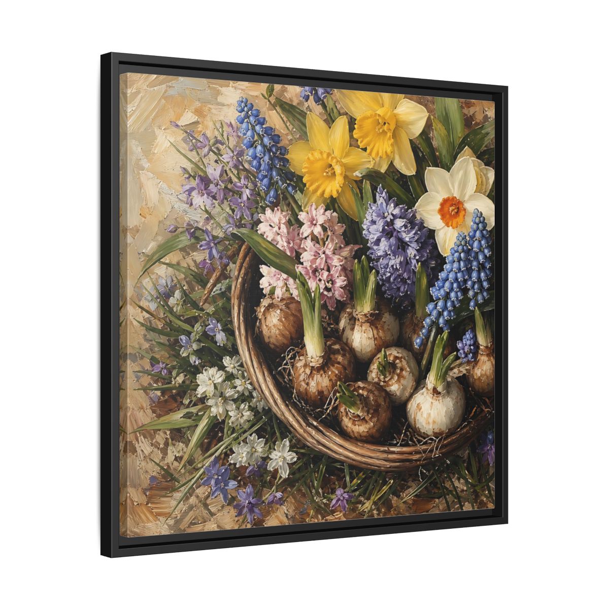 Side Mockup 31. Muted Tonal Painting Spring Bulbs In Shallow Basket shown as stretched canvas wall art