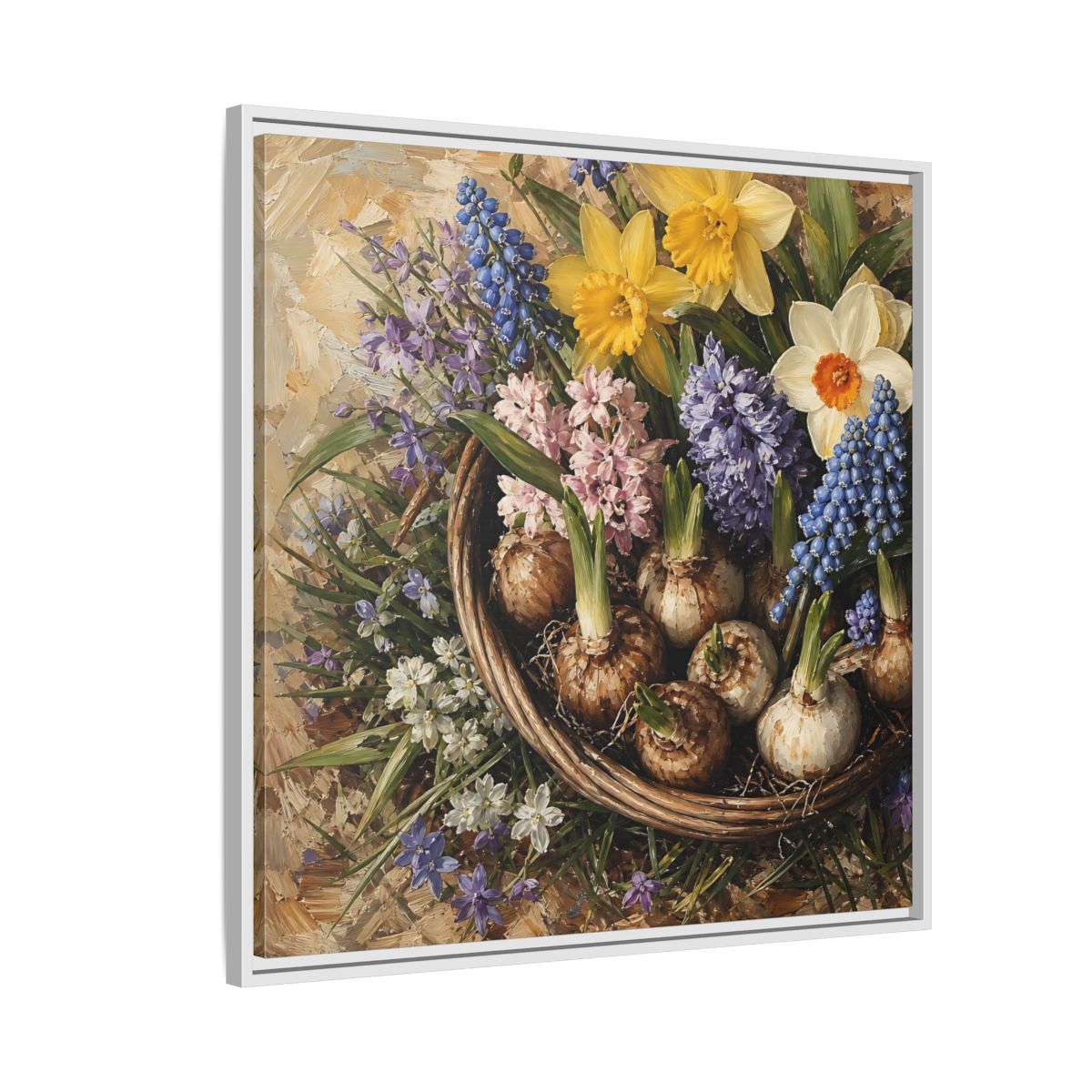 Side Mockup 7. Muted Tonal Painting Spring Bulbs In Shallow Basket shown as stretched canvas wall art