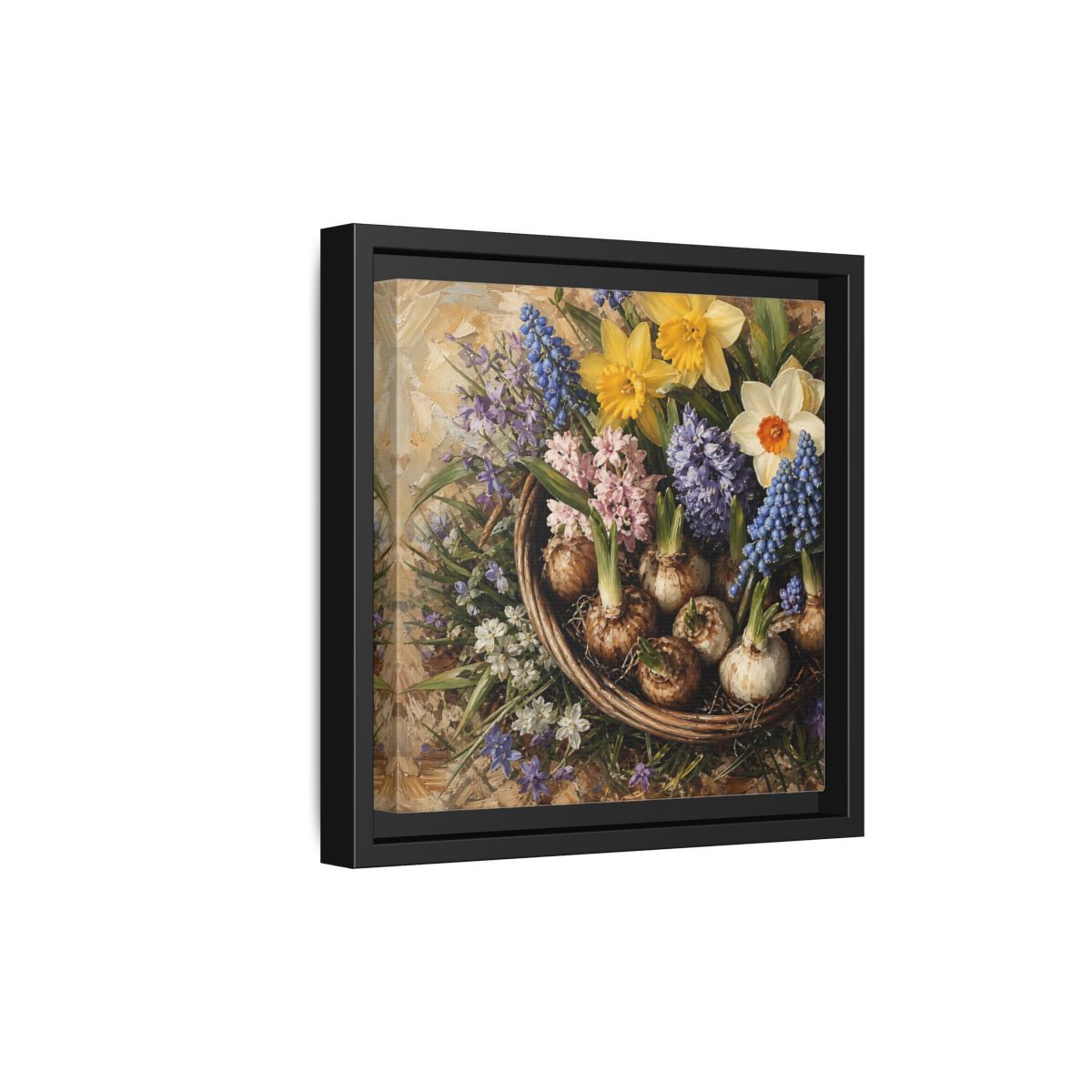Side Mockup 21. Muted Tonal Painting Spring Bulbs In Shallow Basket shown as stretched canvas wall art