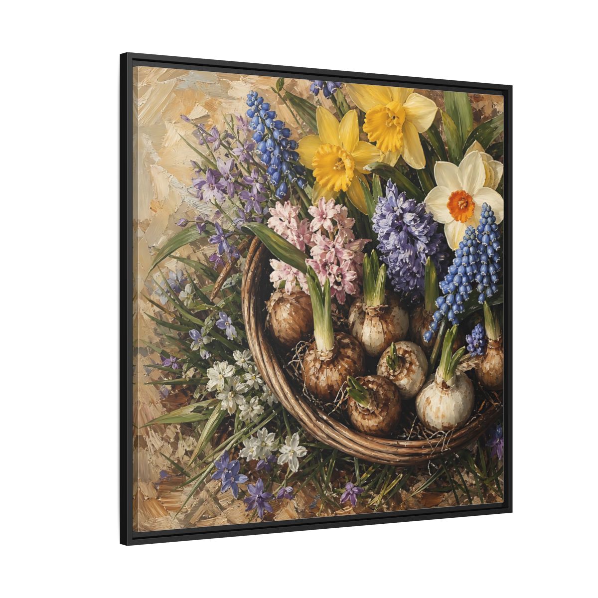 Side Mockup 6. Muted Tonal Painting Spring Bulbs In Shallow Basket shown as stretched canvas wall art