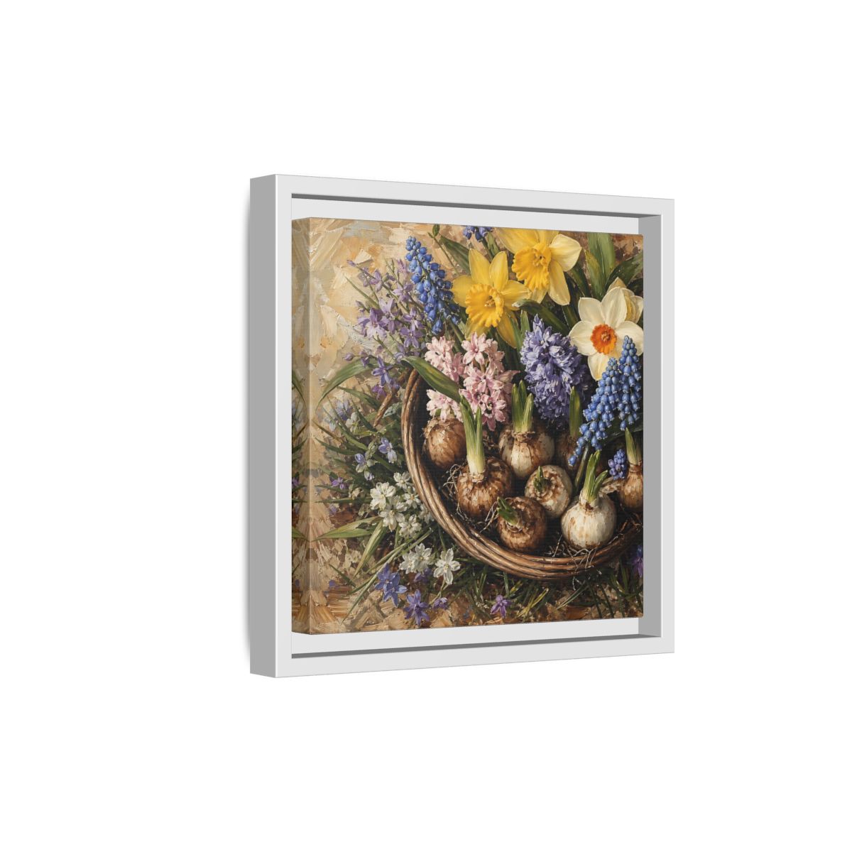 Side Mockup 19. Muted Tonal Painting Spring Bulbs In Shallow Basket shown as stretched canvas wall art