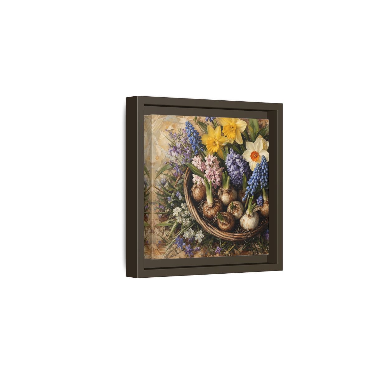 Side Mockup 2. Muted Tonal Painting Spring Bulbs In Shallow Basket shown as stretched canvas wall art