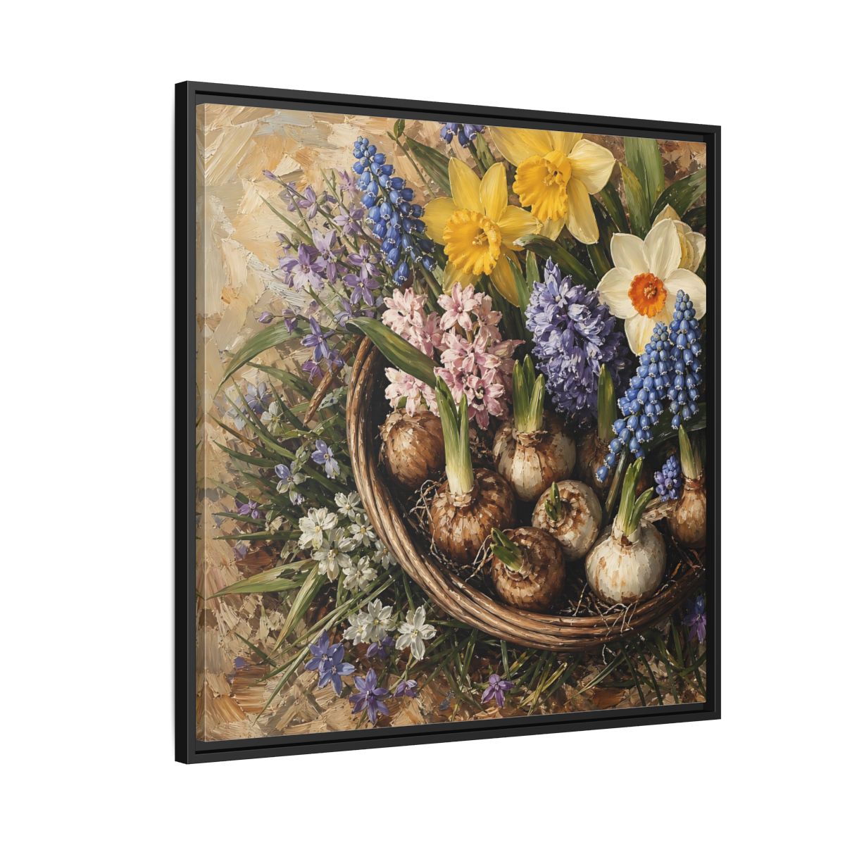 Side Mockup 9. Muted Tonal Painting Spring Bulbs In Shallow Basket shown as stretched canvas wall art
