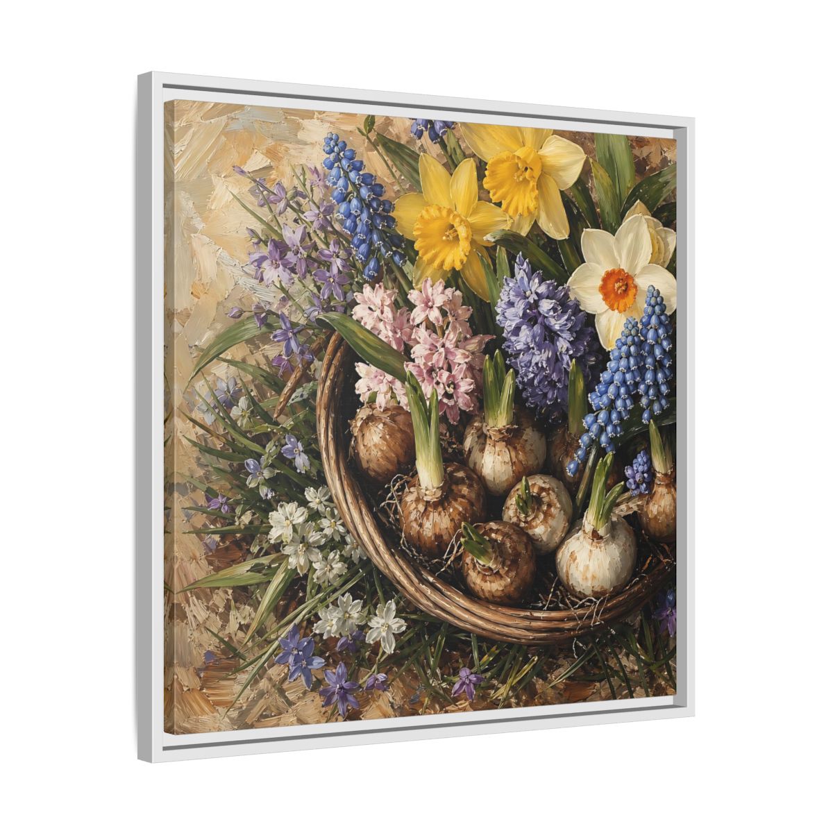 Side Mockup 26. Muted Tonal Painting Spring Bulbs In Shallow Basket shown as stretched canvas wall art