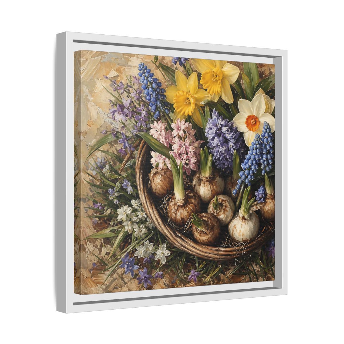 Side Mockup 28. Muted Tonal Painting Spring Bulbs In Shallow Basket shown as stretched canvas wall art
