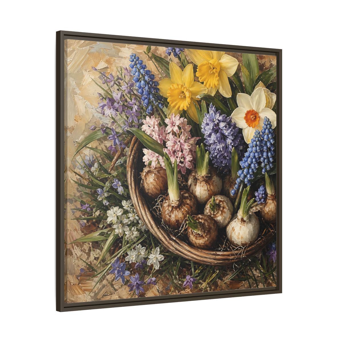 Main Mockup. Muted Tonal Painting Spring Bulbs In Shallow Basket shown as stretched canvas wall art