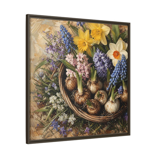 Main Mockup. Muted Tonal Painting Spring Bulbs In Shallow Basket shown as stretched canvas wall art