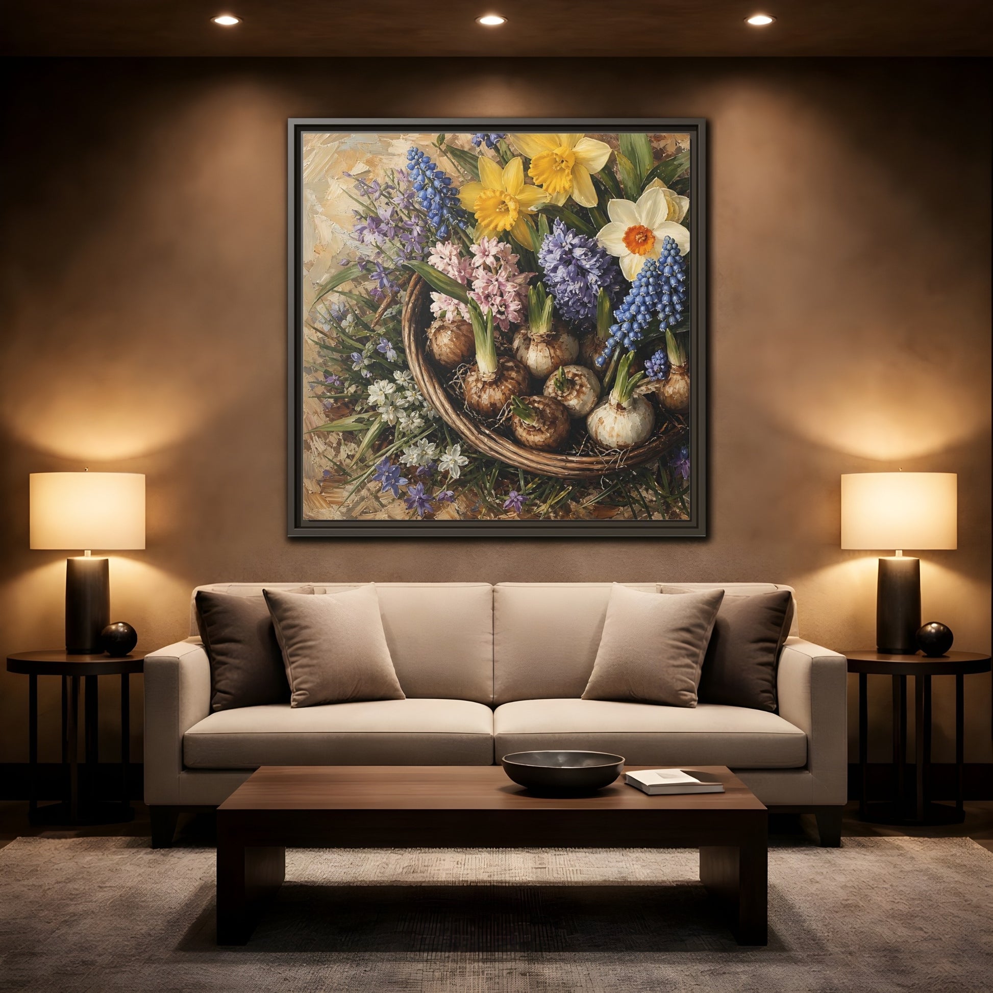Mockup 2. Muted Tonal Painting Spring Bulbs In Shallow Basket shown as stretched canvas wall art