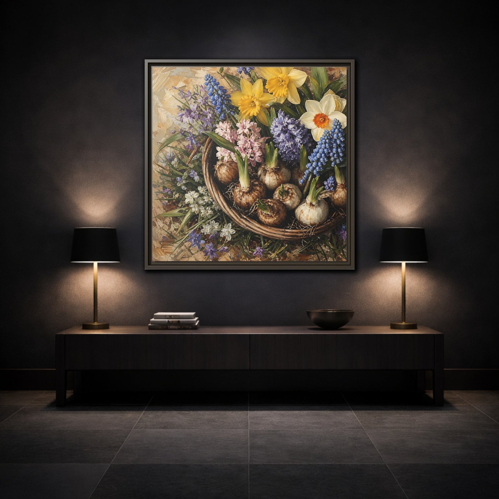 Mockup 3. Muted Tonal Painting Spring Bulbs In Shallow Basket shown as stretched canvas wall art