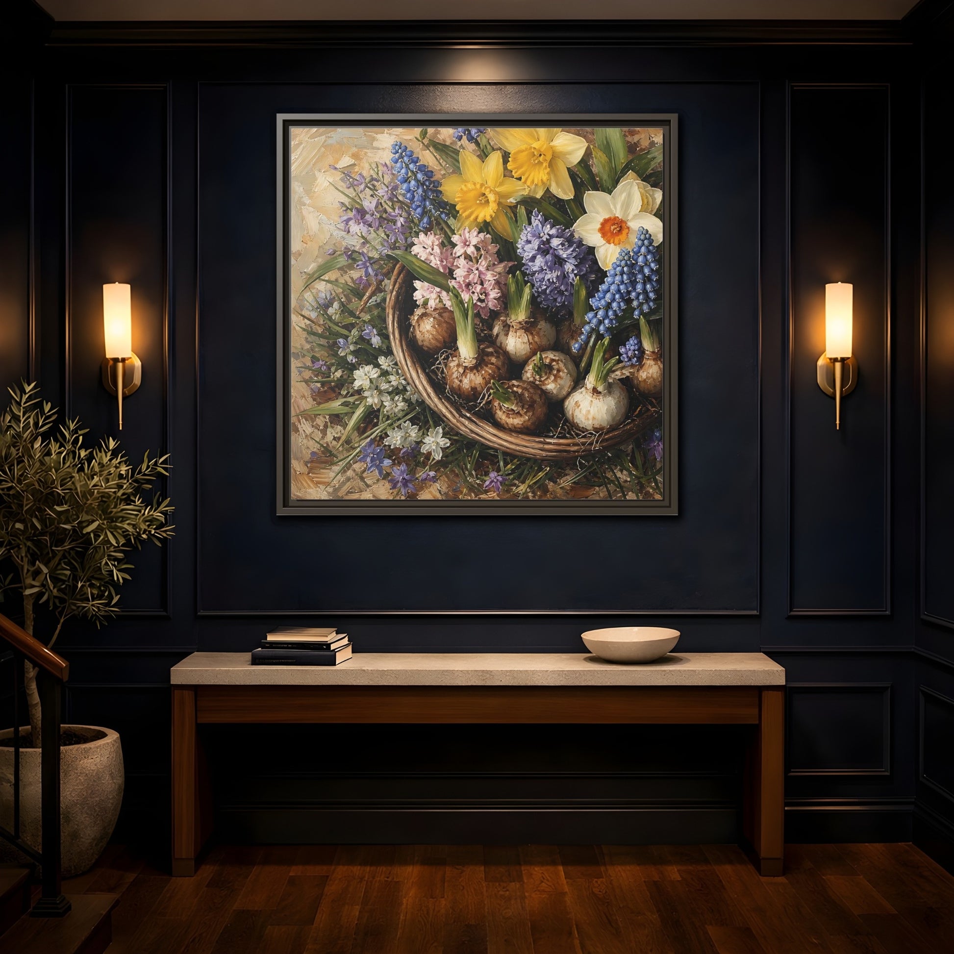 Mockup 4. Muted Tonal Painting Spring Bulbs In Shallow Basket shown as stretched canvas wall art