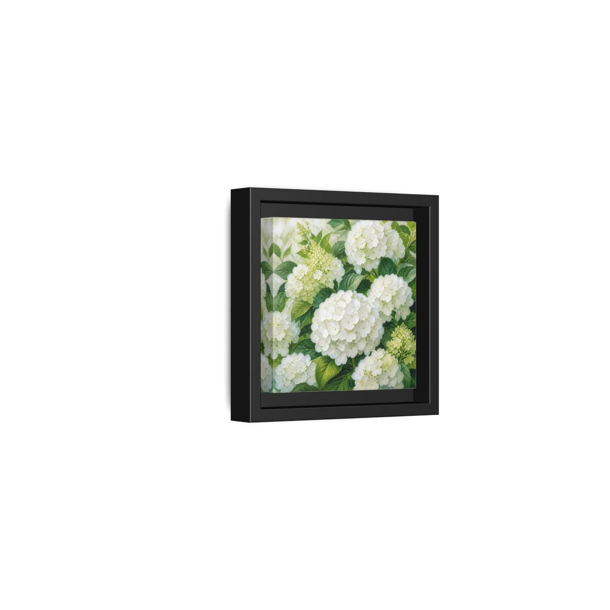 Side Mockup 24. Muted Tonal Painting White Hydrangeas With Garden Leaves shown as stretched canvas wall art