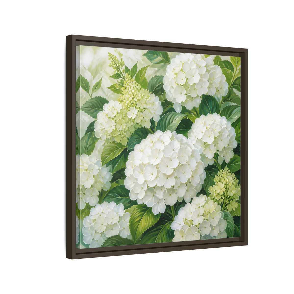 Side Mockup 11. Muted Tonal Painting White Hydrangeas With Garden Leaves shown as stretched canvas wall art