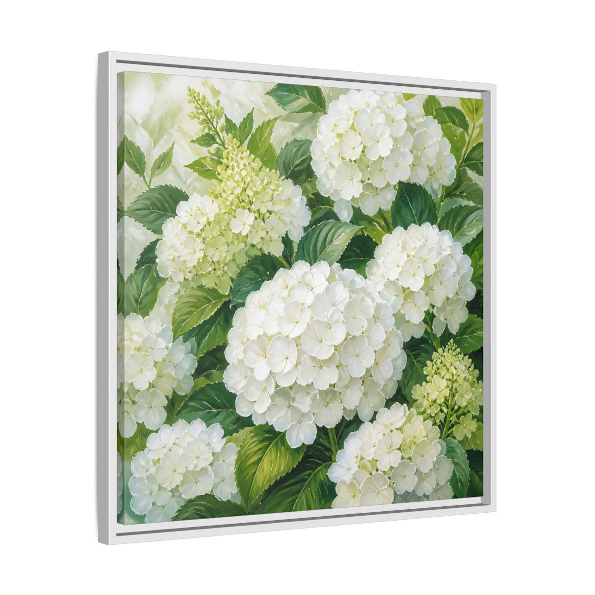 Side Mockup 26. Muted Tonal Painting White Hydrangeas With Garden Leaves shown as stretched canvas wall art