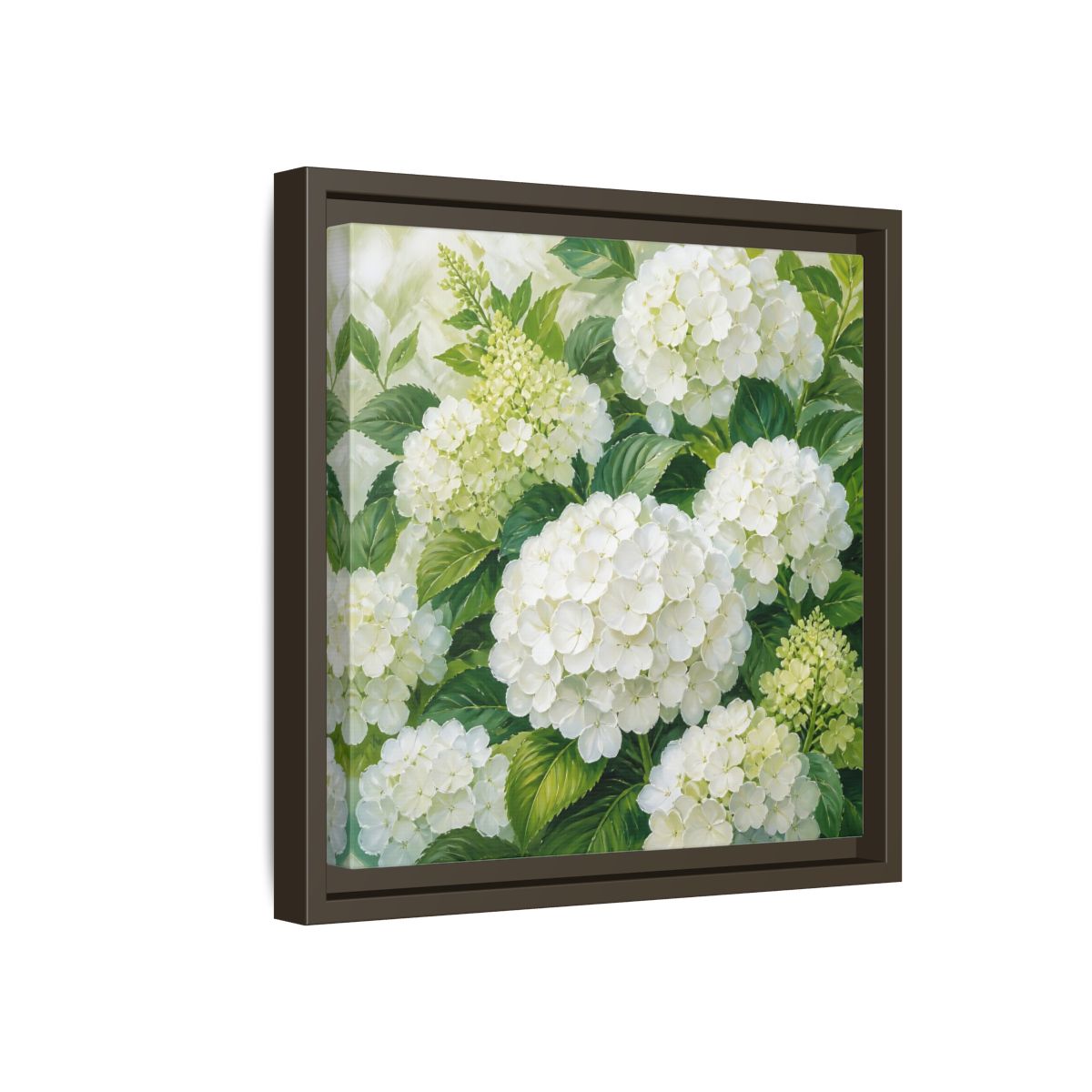 Side Mockup 17. Muted Tonal Painting White Hydrangeas With Garden Leaves shown as stretched canvas wall art