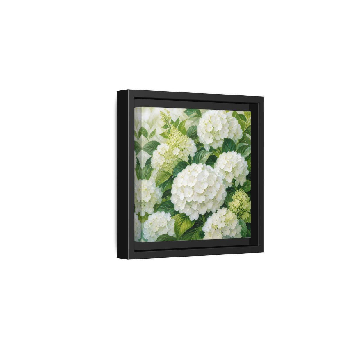 Side Mockup 3. Muted Tonal Painting White Hydrangeas With Garden Leaves shown as stretched canvas wall art