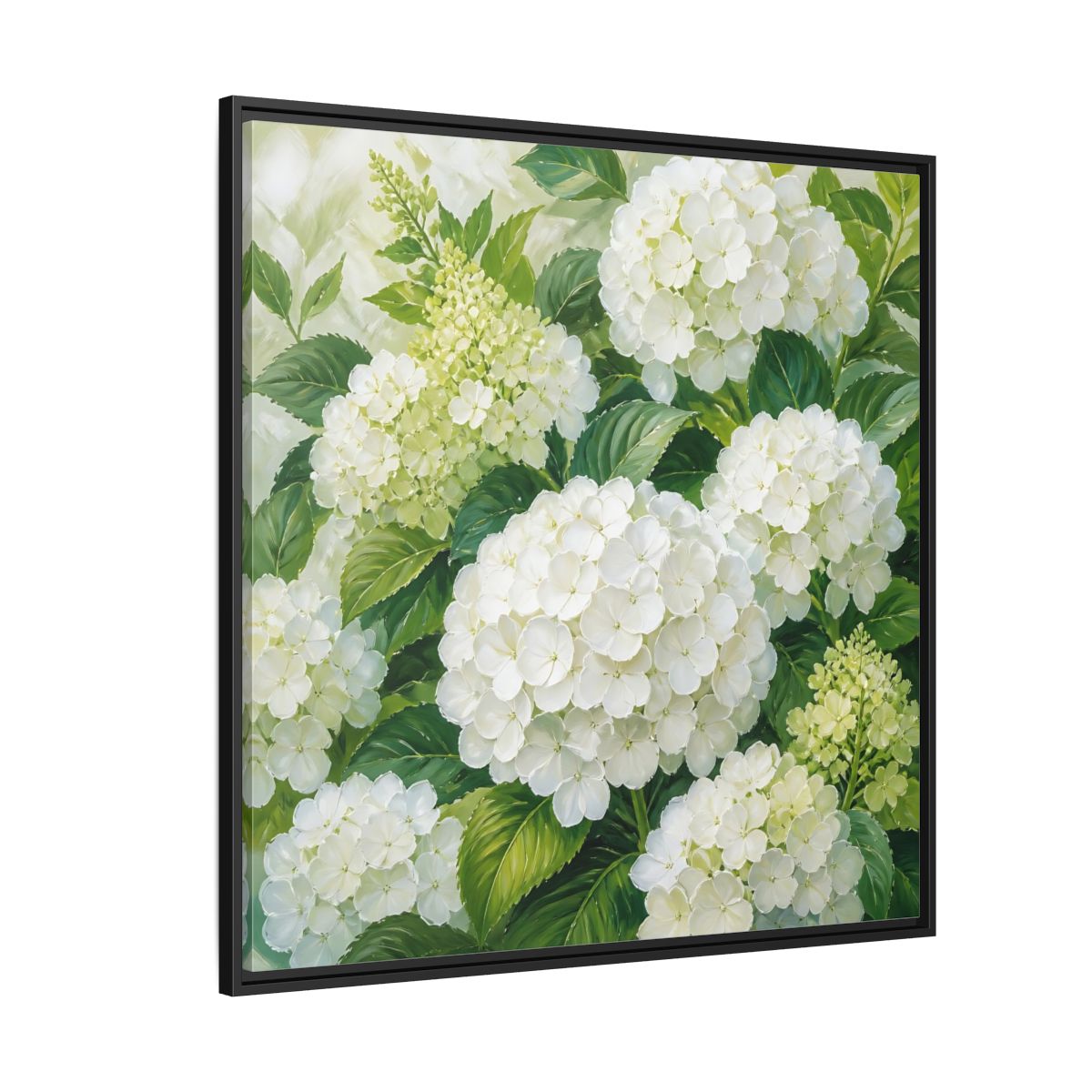 Side Mockup 6. Muted Tonal Painting White Hydrangeas With Garden Leaves shown as stretched canvas wall art