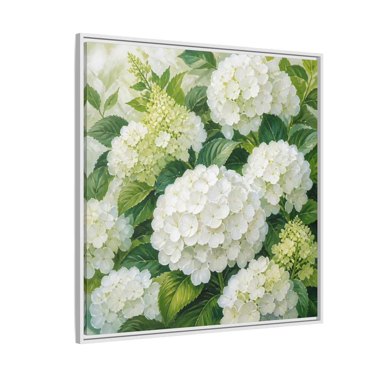 Side Mockup 4. Muted Tonal Painting White Hydrangeas With Garden Leaves shown as stretched canvas wall art