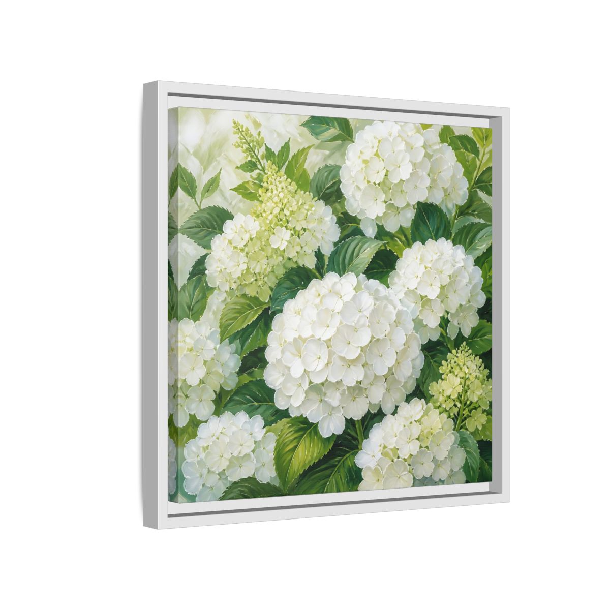 Side Mockup 13. Muted Tonal Painting White Hydrangeas With Garden Leaves shown as stretched canvas wall art