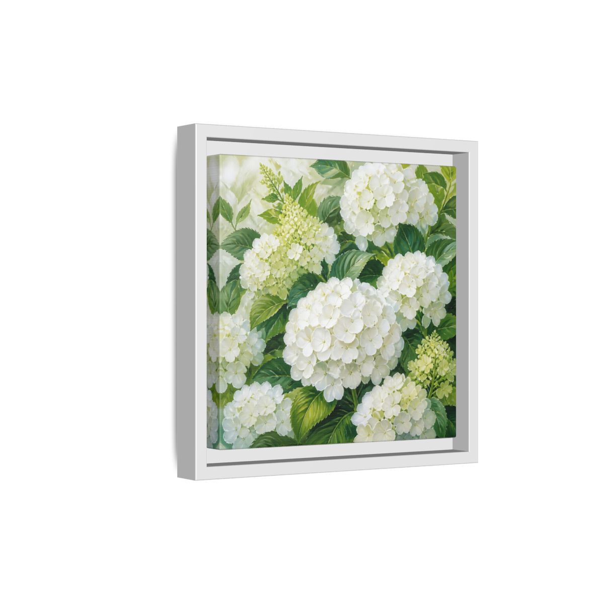 Side Mockup 19. Muted Tonal Painting White Hydrangeas With Garden Leaves shown as stretched canvas wall art