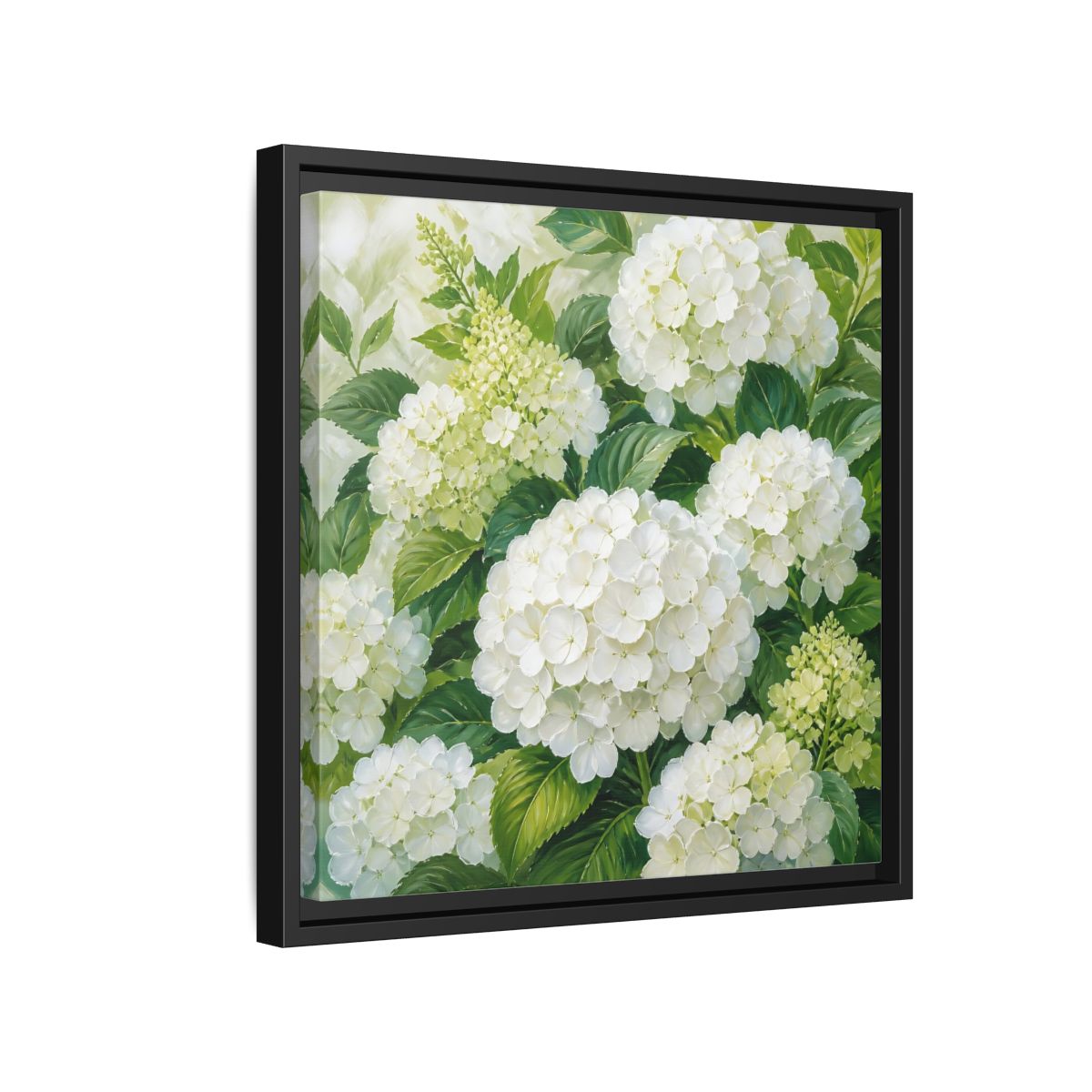 Side Mockup 15. Muted Tonal Painting White Hydrangeas With Garden Leaves shown as stretched canvas wall art