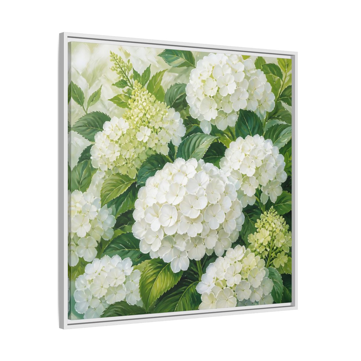 Side Mockup 25. Muted Tonal Painting White Hydrangeas With Garden Leaves shown as stretched canvas wall art