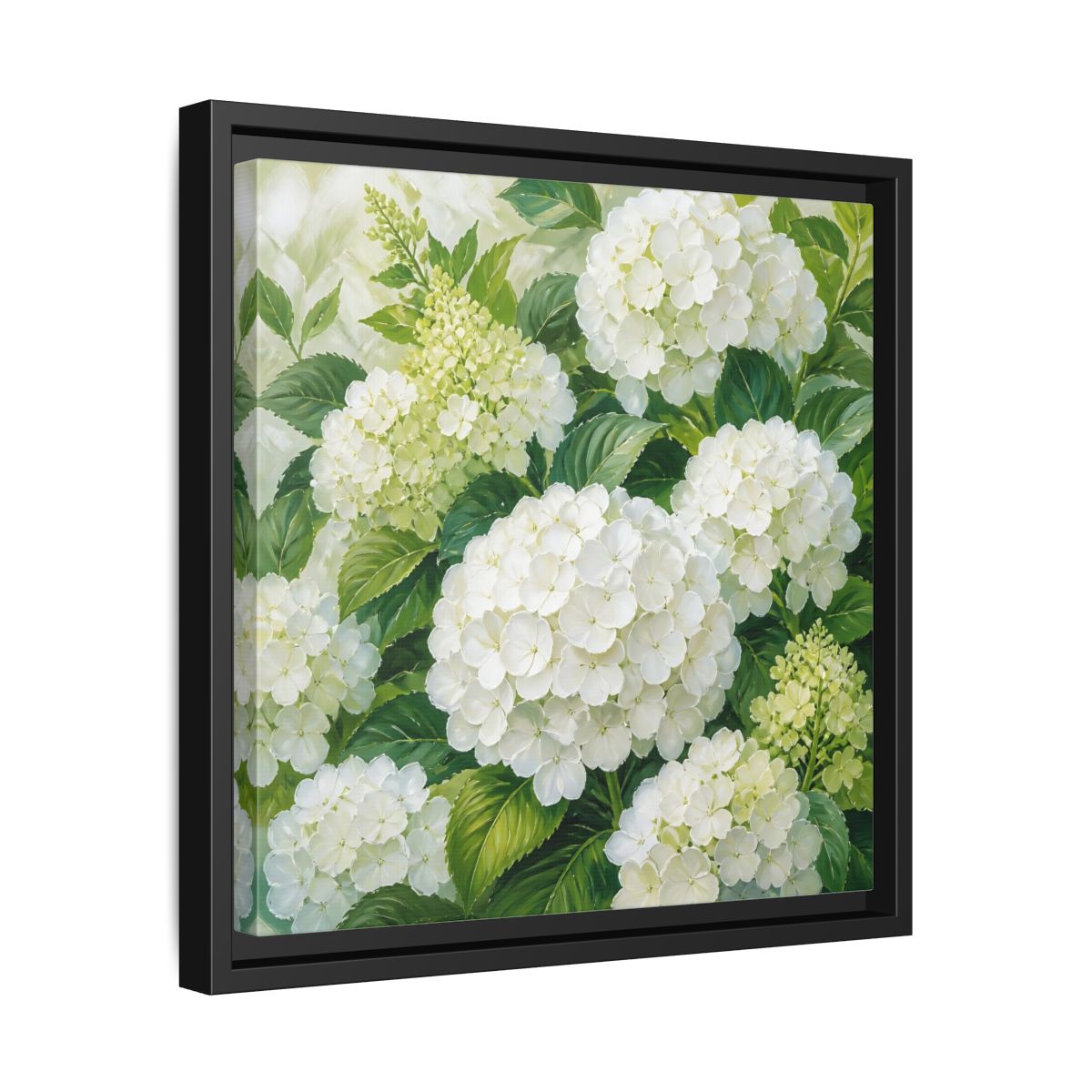 Side Mockup 32. Muted Tonal Painting White Hydrangeas With Garden Leaves shown as stretched canvas wall art