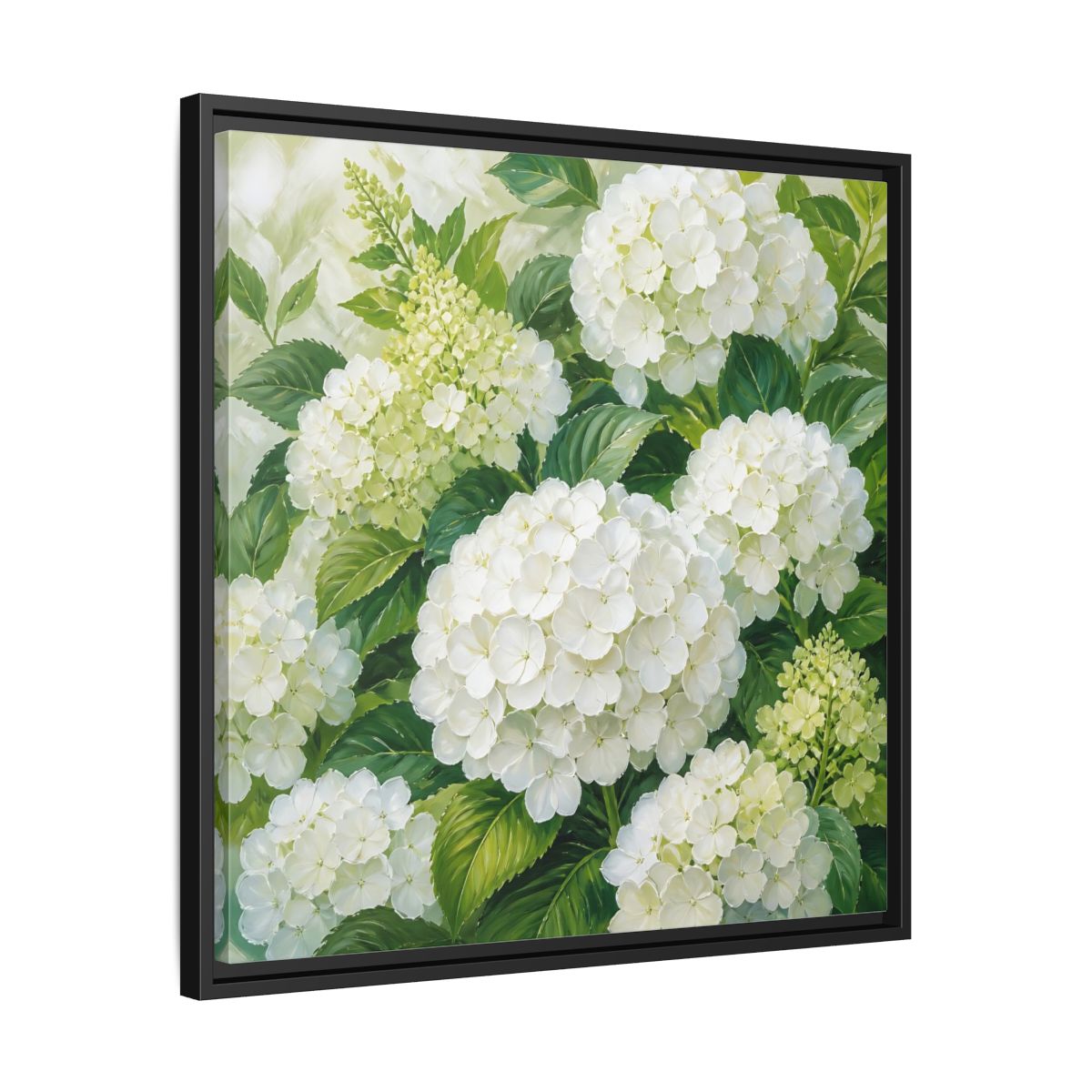 Side Mockup 31. Muted Tonal Painting White Hydrangeas With Garden Leaves shown as stretched canvas wall art