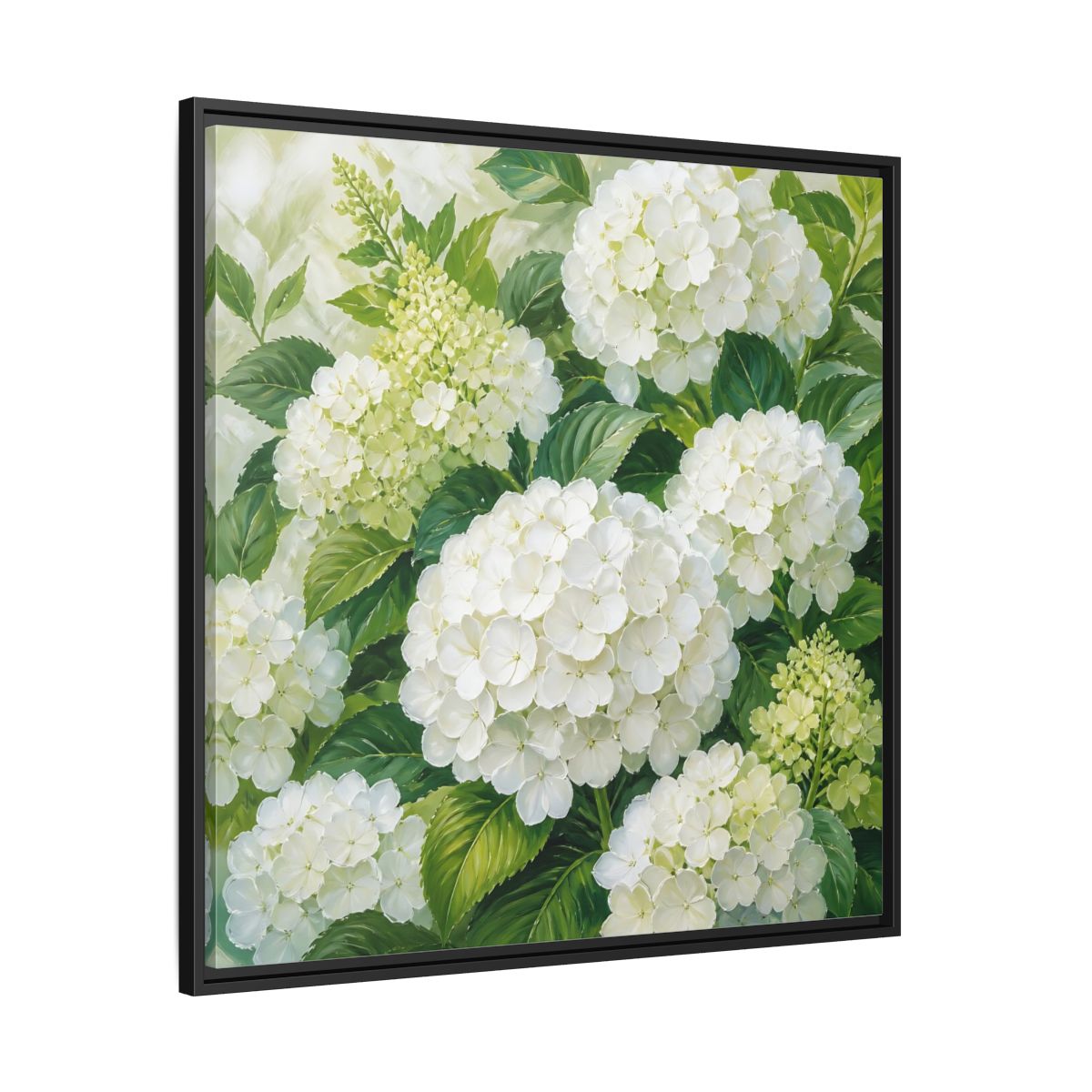 Side Mockup 30. Muted Tonal Painting White Hydrangeas With Garden Leaves shown as stretched canvas wall art