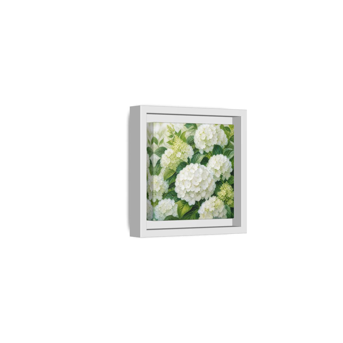 Side Mockup 22. Muted Tonal Painting White Hydrangeas With Garden Leaves shown as stretched canvas wall art