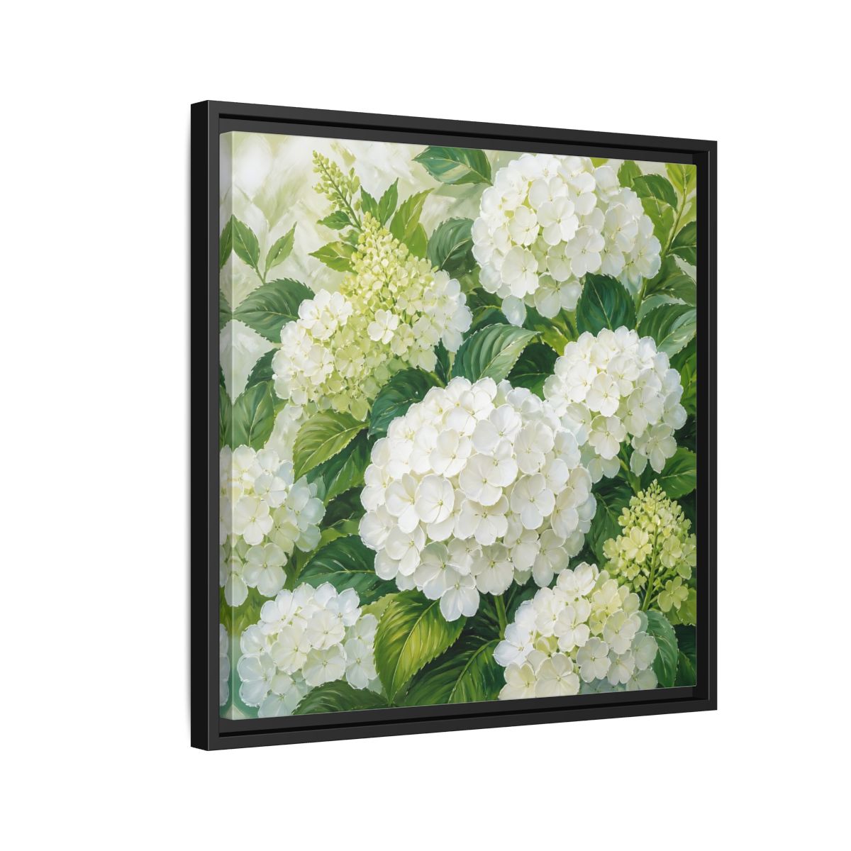 Side Mockup 12. Muted Tonal Painting White Hydrangeas With Garden Leaves shown as stretched canvas wall art
