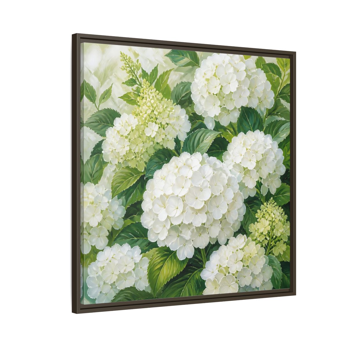 Side Mockup 8. Muted Tonal Painting White Hydrangeas With Garden Leaves shown as stretched canvas wall art