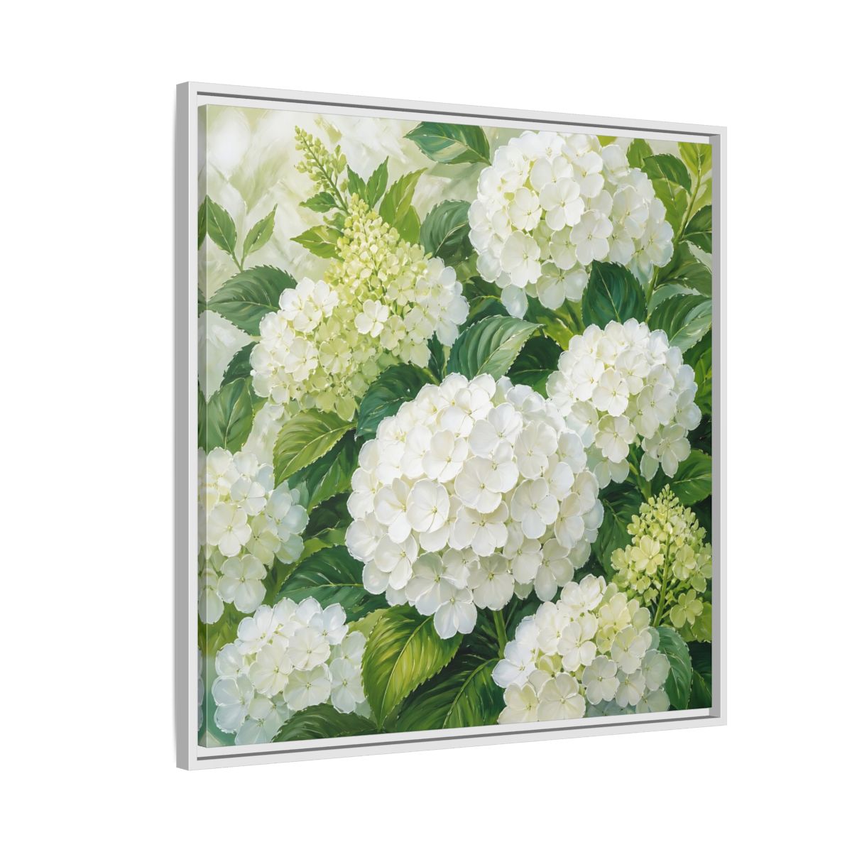 Side Mockup 7. Muted Tonal Painting White Hydrangeas With Garden Leaves shown as stretched canvas wall art