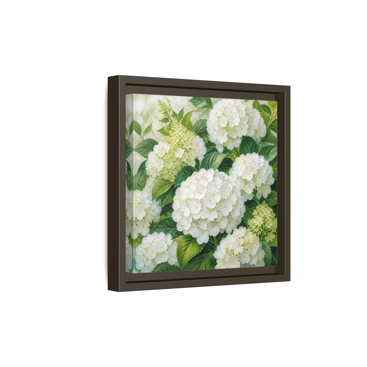 Side Mockup 20. Muted Tonal Painting White Hydrangeas With Garden Leaves shown as stretched canvas wall art