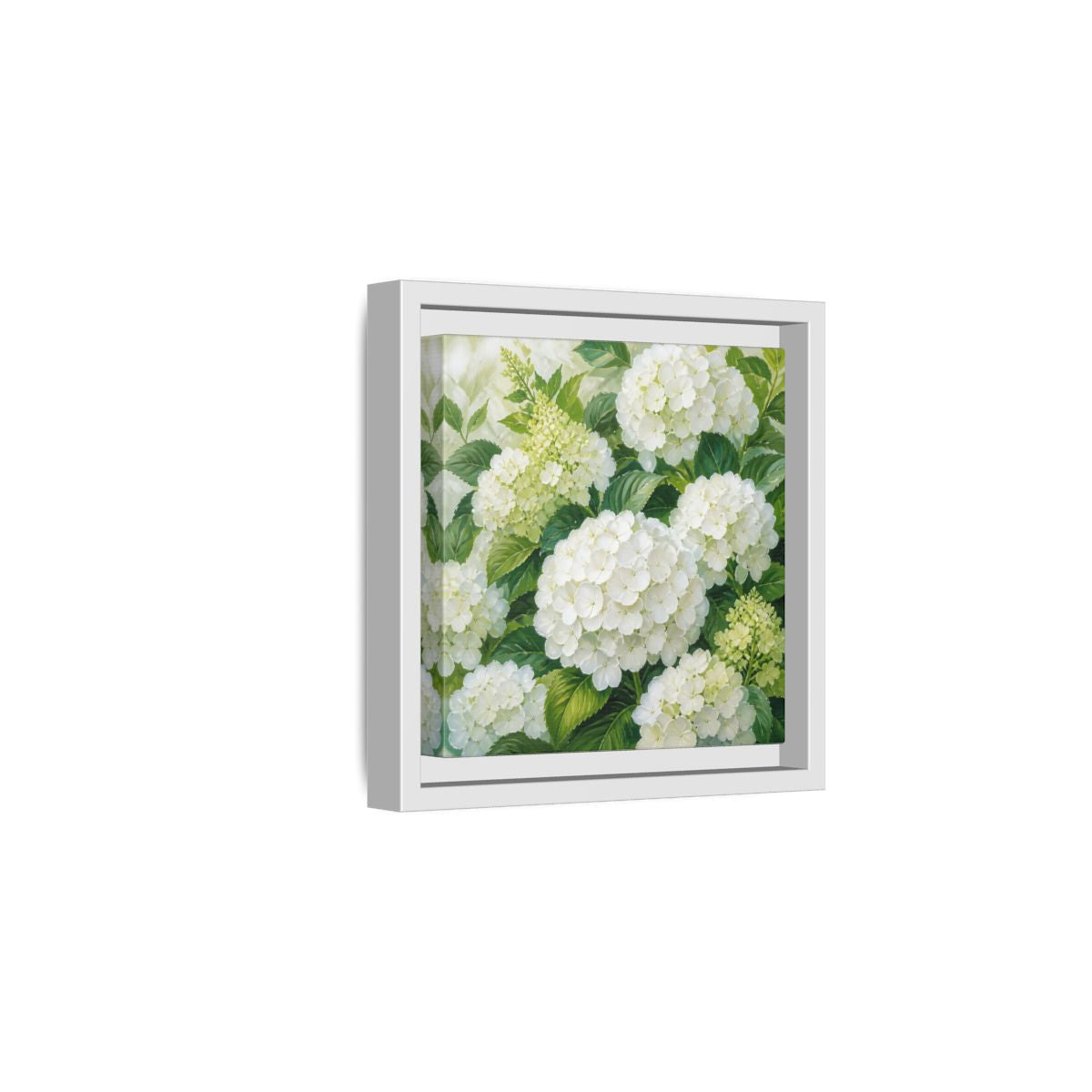 Side Mockup 1. Muted Tonal Painting White Hydrangeas With Garden Leaves shown as stretched canvas wall art
