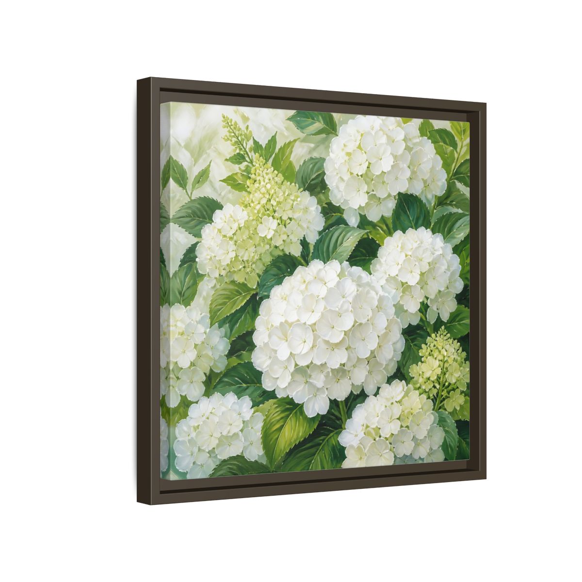Side Mockup 14. Muted Tonal Painting White Hydrangeas With Garden Leaves shown as stretched canvas wall art