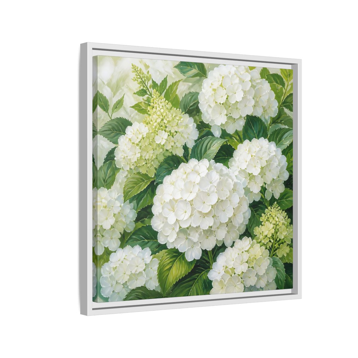 Side Mockup 10. Muted Tonal Painting White Hydrangeas With Garden Leaves shown as stretched canvas wall art