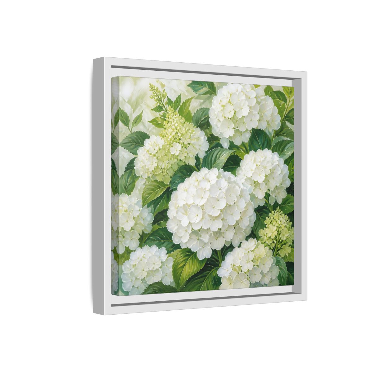 Side Mockup 16. Muted Tonal Painting White Hydrangeas With Garden Leaves shown as stretched canvas wall art